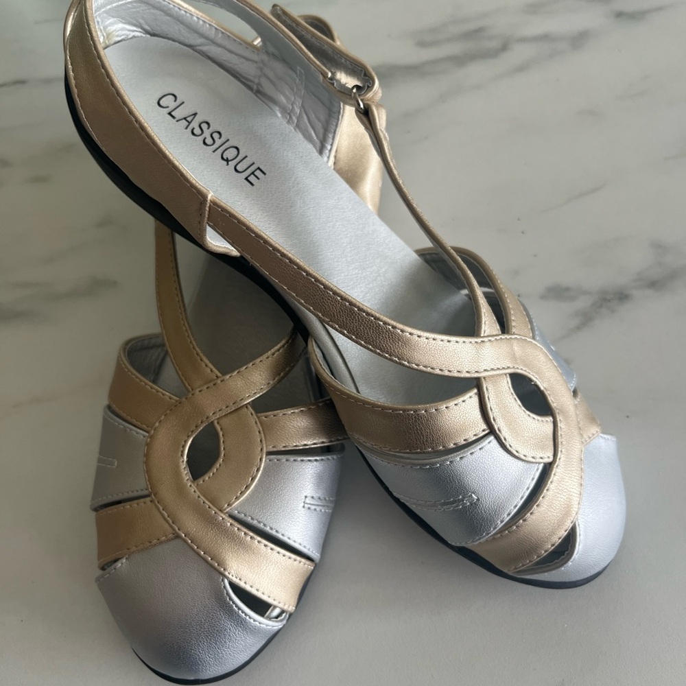 Gold and Silver Metallic Sandals with Slingback and Cushioned Footbed NWOT